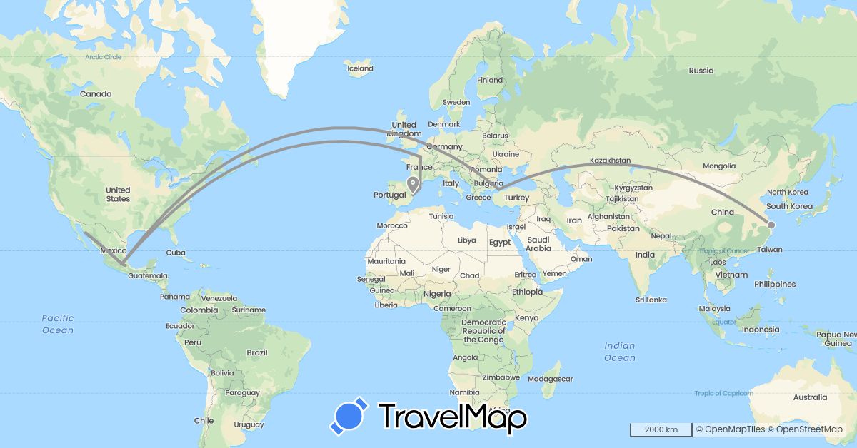 TravelMap itinerary: driving, plane in China, Spain, France, Mexico, Turkey (Asia, Europe, North America)